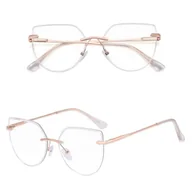 Okulary korekcyjne, oprawki, szkła - Damskie bezramkowe kocie okulary zerówki do komputera BLUE LIGHT z flexami 25112D złote - miniaturka - grafika 1
