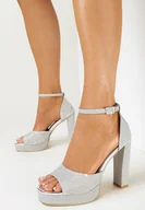 Sandały damskie - Srebrne Brokatowe Sandały na Wysokim Słupku z Platformą Lilisa - miniaturka - grafika 1