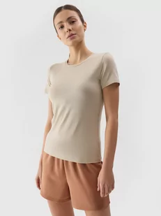 T-shirt slim gładki damski 4F 4FWSS24TTSHF1267-83S Beżowy - Koszulki i topy damskie - miniaturka - grafika 1