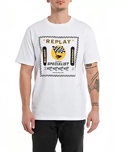 Replay Męski T-shirt z krótkim rękawem, okrągły dekolt, Bikes Specialist, Biały 001, L - Koszulki męskie - miniaturka - grafika 1