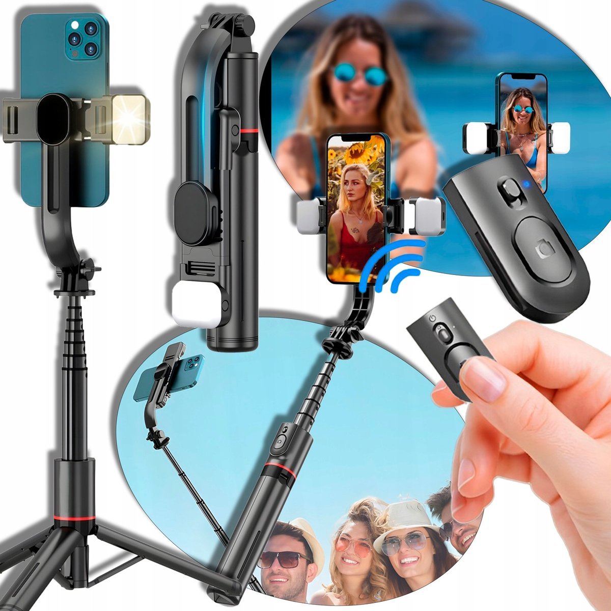 KIJEK DO SELFI STATYW SELFI STICK BLUETOOTH Z PILOTEM DŁUGI Z LAMPĄ LED x2