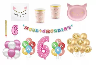 Zestaw Kotek 6 Urodziny Balony Talerzyki Kubeczki Baner świeczka fontanna - Miseczki i talerzyki dla dzieci - miniaturka - grafika 1