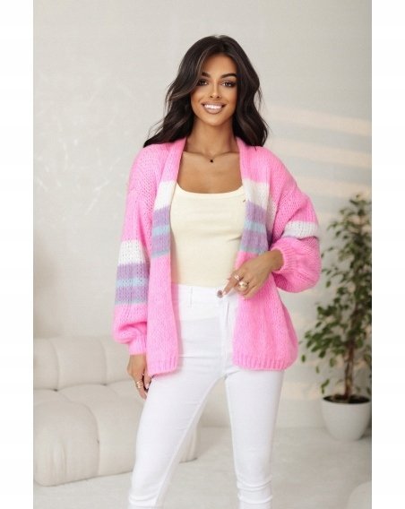 Kardigan Damski Oversize Wełna Akryl Różowy Modny Sweter Narzutka Pasy