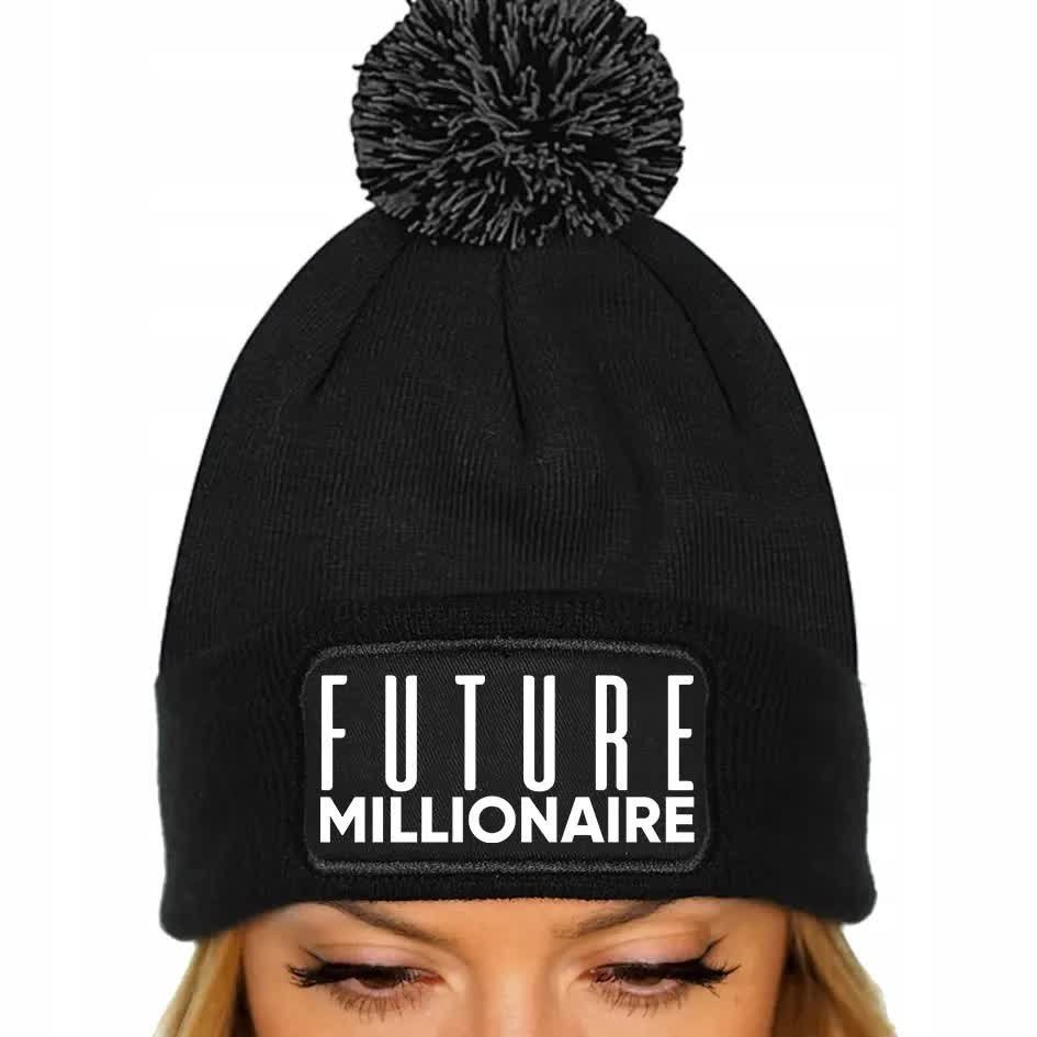 CZAPKA POMPON Bawełna ZIMOWA CZARNA Zabawne FUTURE MILLIONAIRE Wzory