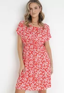 Sukienki - Czerwona Sukienka z Wiskozy w Kwiaty i Gumką w Pasie Alixeme - miniaturka - grafika 1