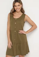 Sukienki - Ciemnozielona Sukienka o Rozkloszowanym Kroju na Szerokich Ramiączkach z Guzikami Saniella - miniaturka - grafika 1