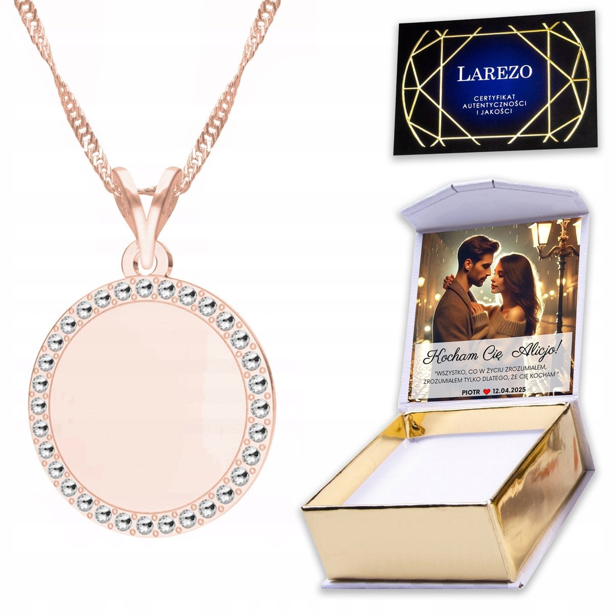 Naszyjnik Pozłacany 925 Koło Kółko z Kryształkami Kryształy Cyrkonie NADRUK