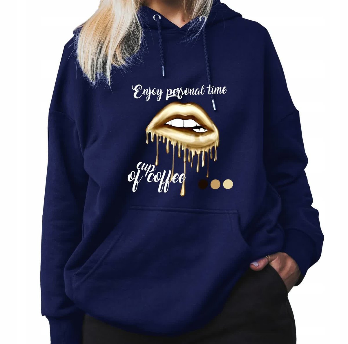 Granatowa Bluza Damska Z Kapturem ENJOY PERSONAL TIME Modna Stylowa Wz - M