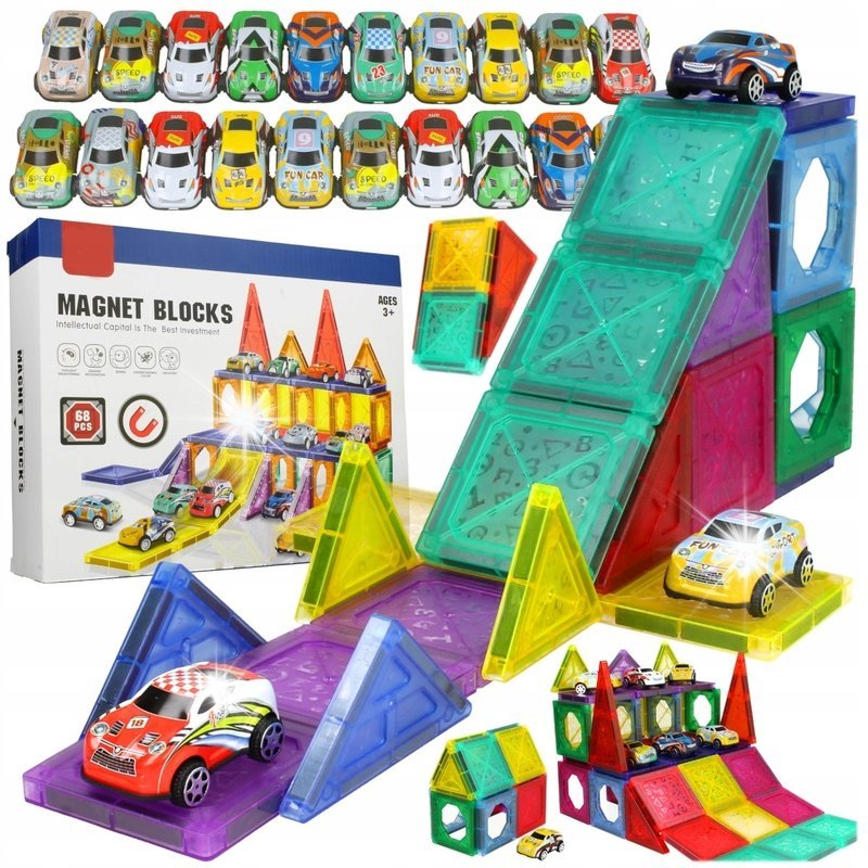 DUŻE Klocki Magnetyczne 3D Konstrukcyjne 20 Autek Zjeżdżalnia 68el Edukacja