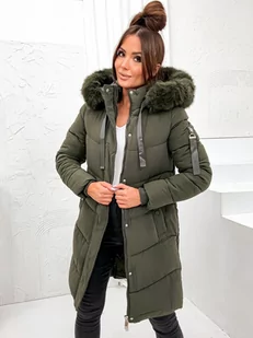 DŁUGA KURTKA Z ZAMKAMI PO BOKACH I FUTRZANYM KAPTUREM- KHAKI - Olika - Kurtki damskie - miniaturka - grafika 1