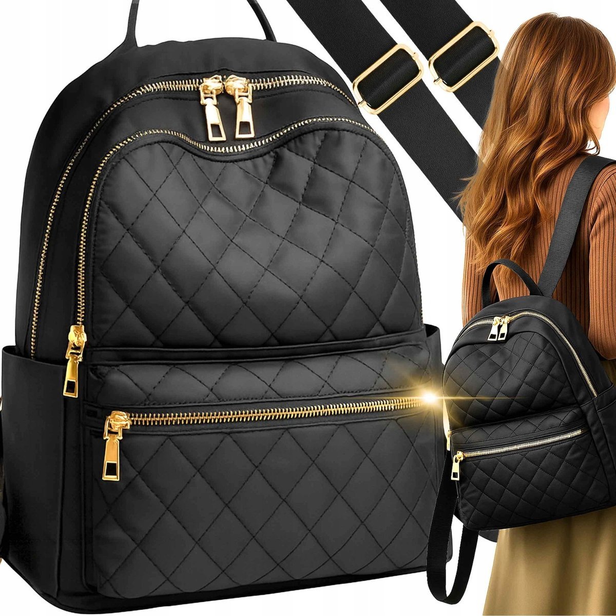 PLECAK DAMSKI TORBA NA RAMIĘ PLECACZEK PIKOWANY CZARNY POJEMNY WODOODPORNY
