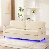 Sofy i kanapy - Nowoczesna sofa 2-osobowa, szenilowa, z USB-C, LED, uchwytami na kubki, beżowa - miniaturka - grafika 1