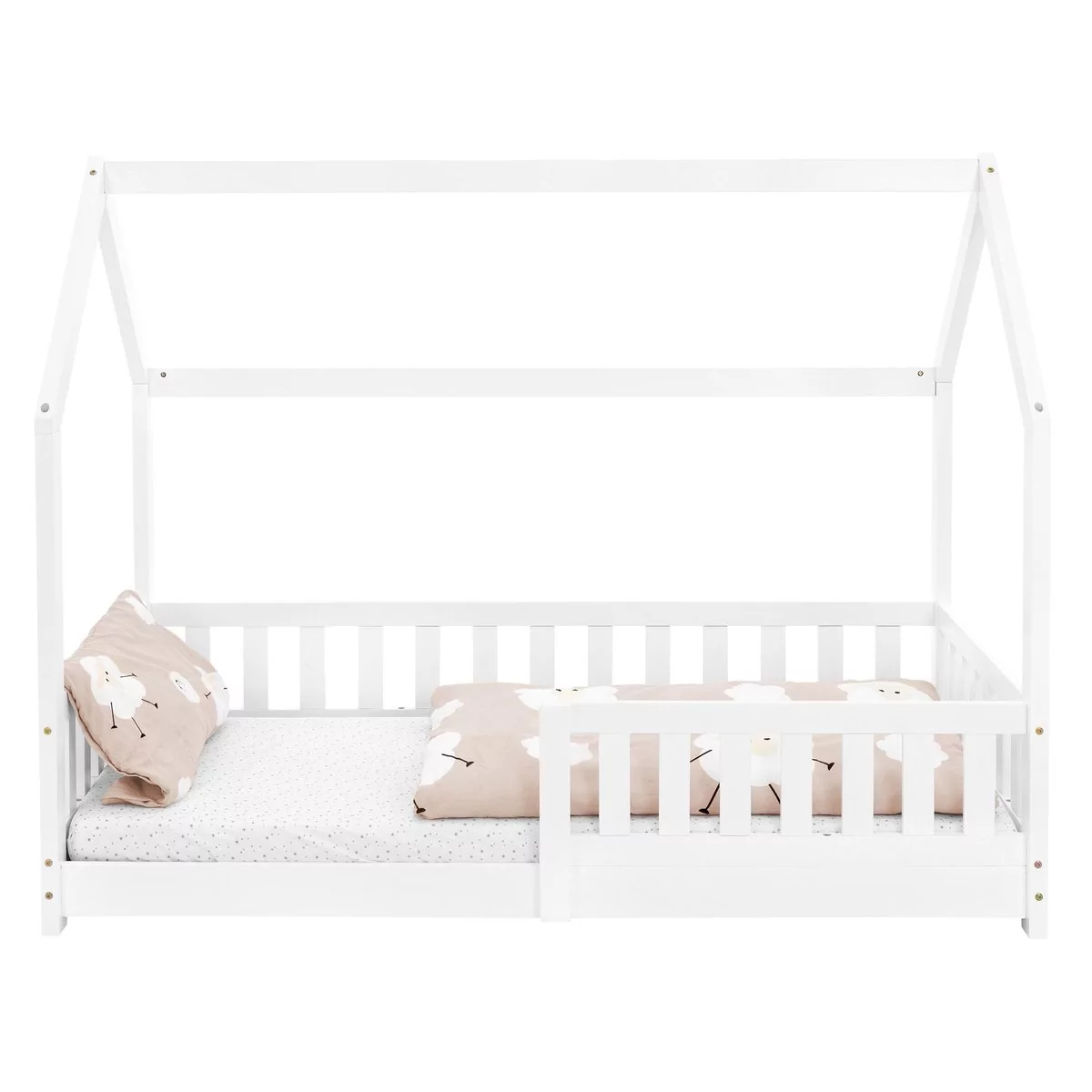 Łóżko dziecięce z listwową ramą zabezpieczającą przed upadkiem i daszkiem 80x160 cm drewno sosnowe białe ML-Design