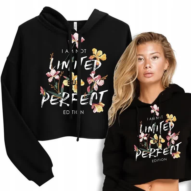BLUZA CROPPED Z KAPTUREM Krótka Damska Czarna PERFECT EDITION Wzory - L