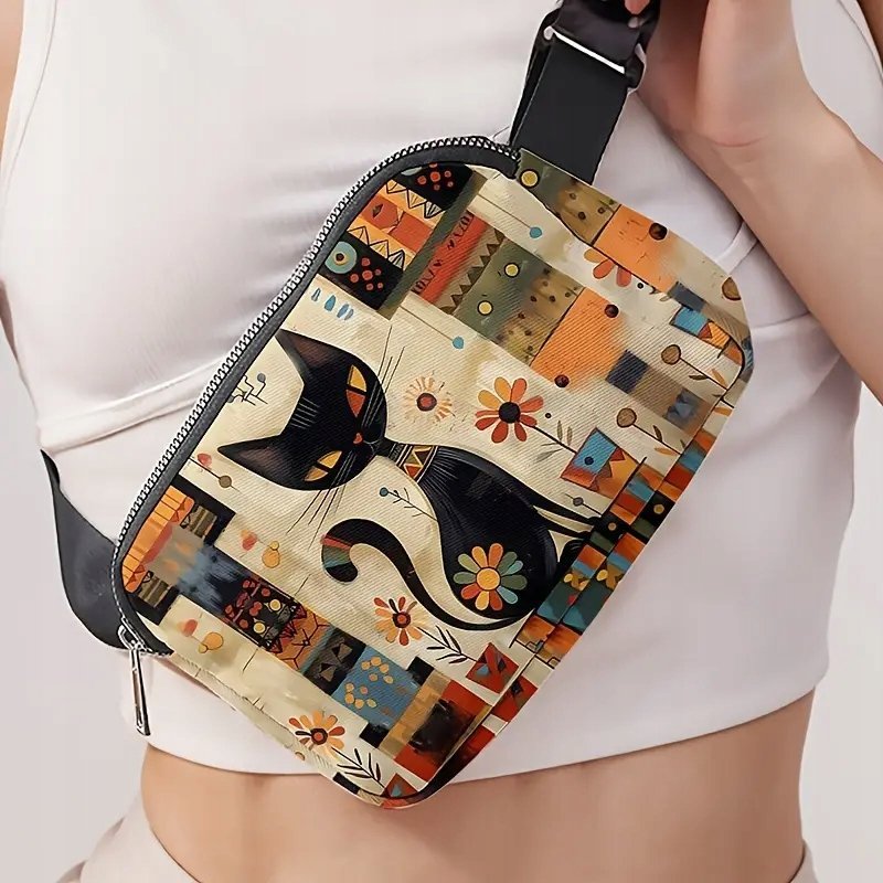 Nerka torebka etniczna BOHO ART z czarnym kotem zamek przegródki KOT KOTEK