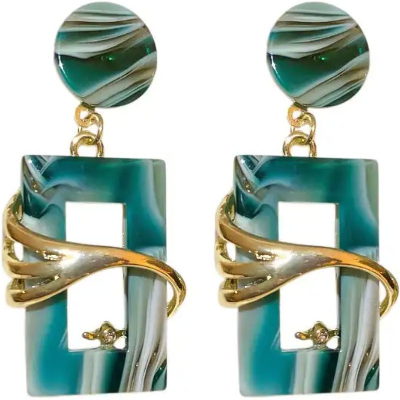 Stylowe Kolczyki w Zielonym Marmurkowym Wzorze Cyrkonie Złoty Akcent Sztyft