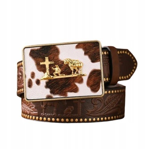 Pas pasek kowbojski brązowy Texas GŁOWA BYKA łatki DŻETY NITY retro 120 cm