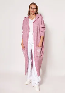 Dzianinowy płaszcz z kapturem - PA020 róż MKM - Płaszcze damskie - miniaturka - grafika 1