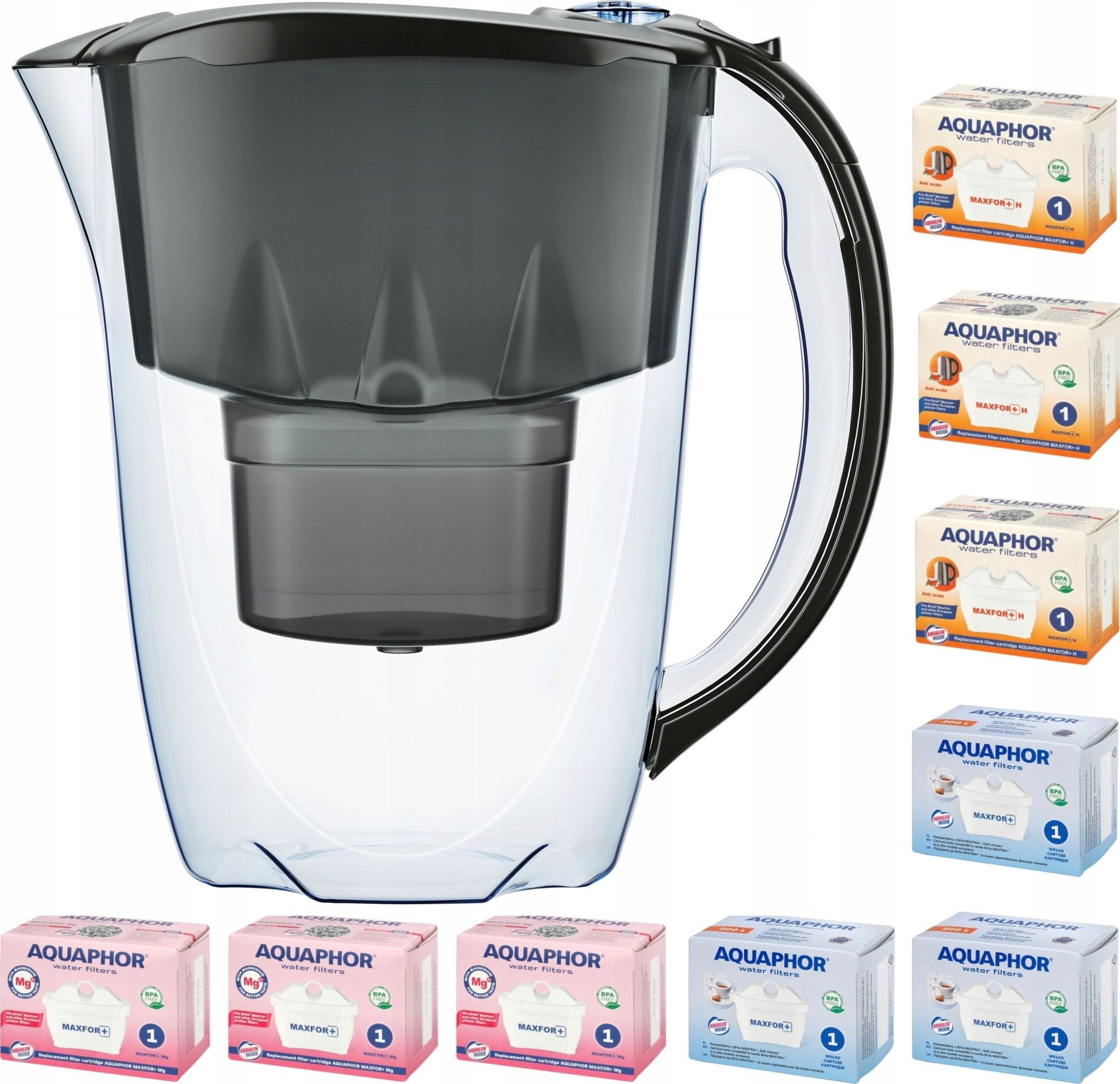 Dzbanek filtrujący Aquaphor Amethyst 2,8l +9 wkładów 3 + 3H + 3Mg, czarny