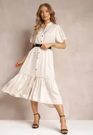 Sukienki - Beżowa Sukienka Midi z Ozdobną Falbanką i Dodatkowym Paskiem z Imitacji Skóry Charlotona - miniaturka - grafika 1