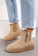 Botki damskie - Brązowe Botki Sztyblety na Platformie z Metalowym Detalem przy Cholewce Danellia - miniaturka - grafika 1