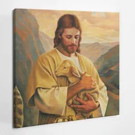 Ikony i obrazy sakralne - Jezus Dobry Pasterz z owieczką - obraz polycanvas, 50x50 - miniaturka - grafika 1