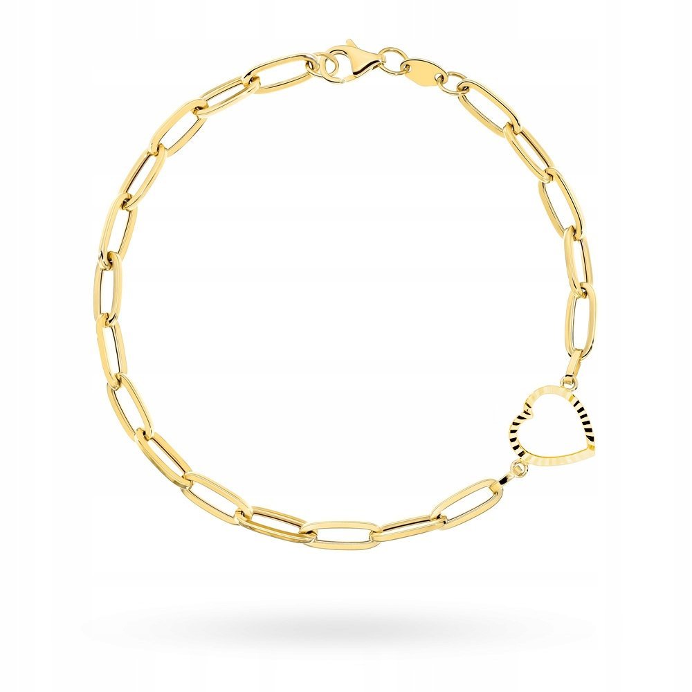 Złota bransoletka 585 Duże ogniwa z 2.48g Diamentowanym Sercem 19,5cm