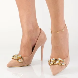 Różowe zamszowe szpilki damskie ze złotym łańcuchem z kryształami Vinceza 20172 - Czółenka - miniaturka - grafika 1