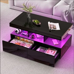 Stolik kawowy LED Fortuna Lai Stolik do salonu z półką Wysoki połysk Nowoczesny stolik boczny Stolik kawowy z 2 szufladami 104 x 53 x 46 cm (czarny) - Ławy i stoliki kawowe - miniaturka - grafika 1