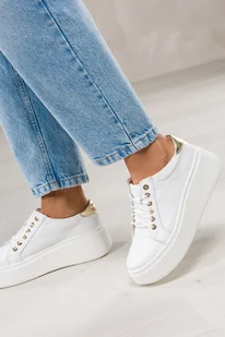 Białe sneakersy skórzane damskie creepersy sznurowane złote dodatki PRODUKT POLSKI Casu 516 - Półbuty damskie - miniaturka - grafika 1