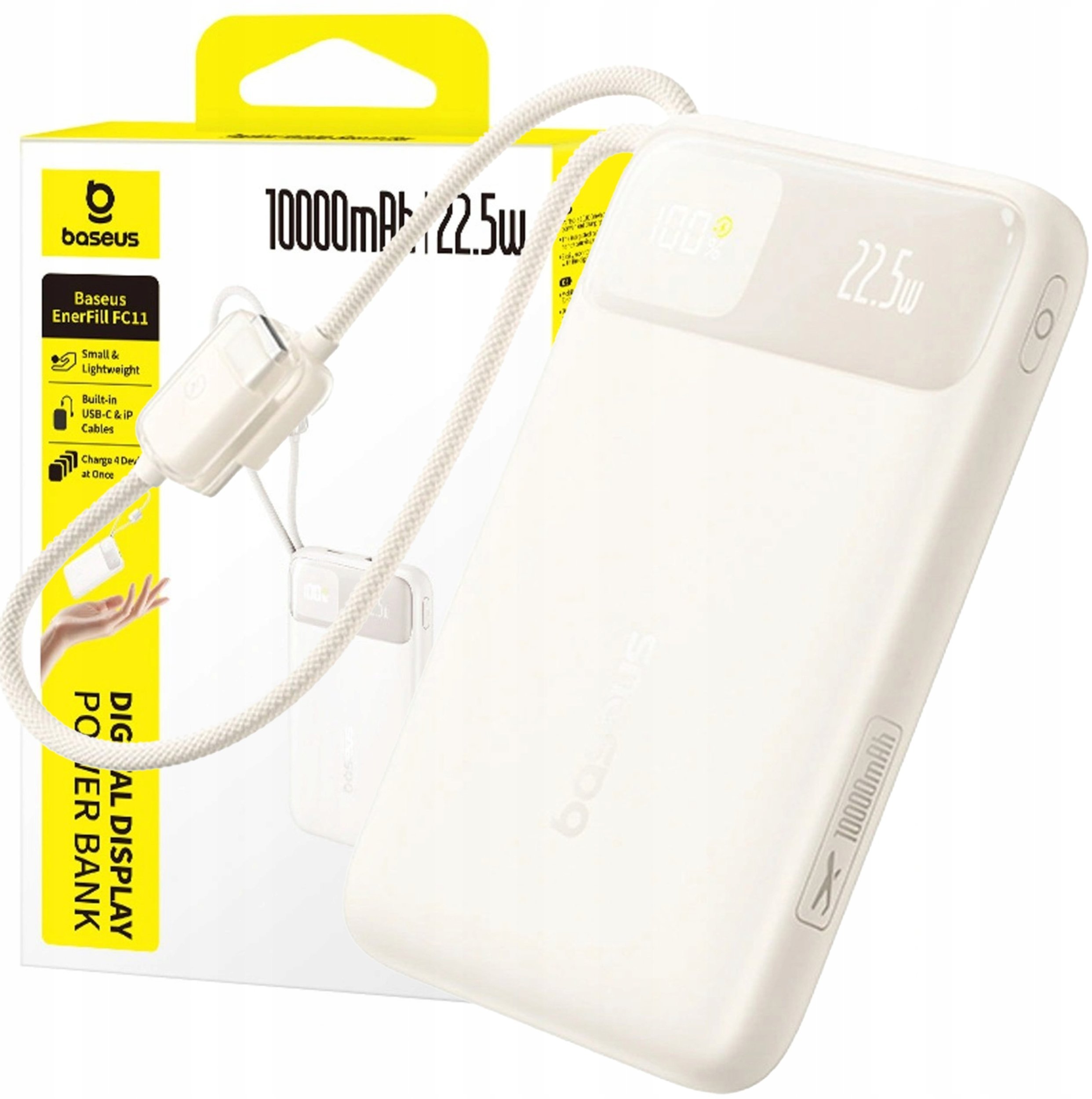 Powerbank Baseus Powerbank Baseus EnerFill FC11 10000mAh 22.5W z wyświetlaczem cyfrowym i dwoma wbudowanymi kablami - beżowy
