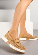 Mokasyny damskie - Brązowe Ażurowe Mokasyny ze Skórzaną Wkładką i Metalicznym Połyskiem Redorise - Born2be - miniaturka - grafika 1