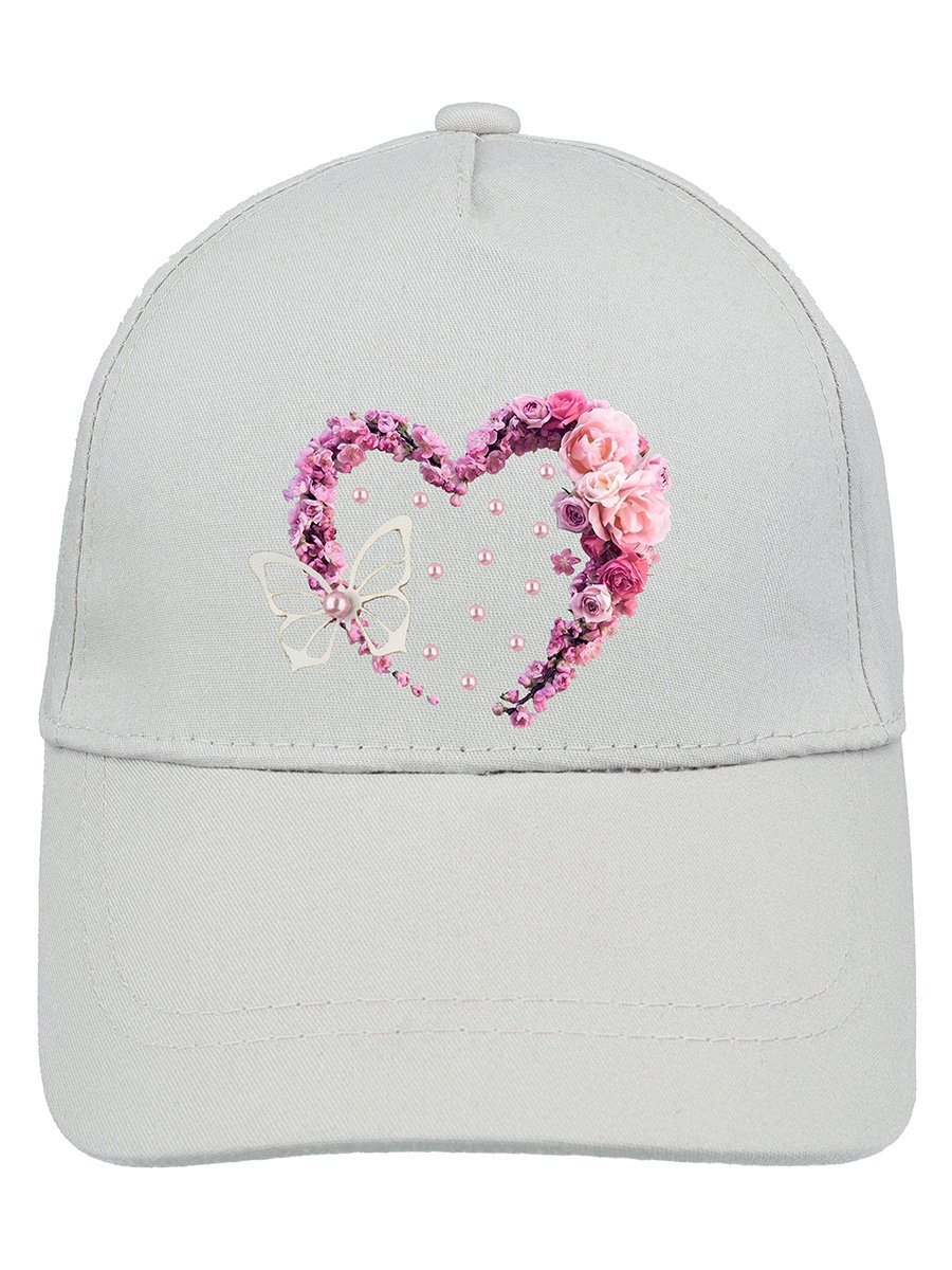 Dziewczęca czapka z daszkiem kwiatowe serce jasnoszara Ambra r.50/52