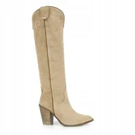 Kozaki damskie - Beżowe Kozaki Kowbojki Carinii B8364-O17 - miniaturka - grafika 1