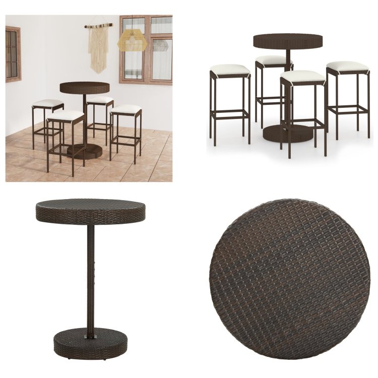 vidaXL 5-częściowy ogrodowy zestaw barowy z poduszkami z polirattanu brązowy - Zestaw barowy - Zestawy barowe - Stół barowy i stołki barowe - Stół barowy