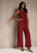 Kombinezony - Bordowy Kombinezon Wide Leg z Ozdobnym Wiązaniem przy Szyi Silelia - miniaturka - grafika 1