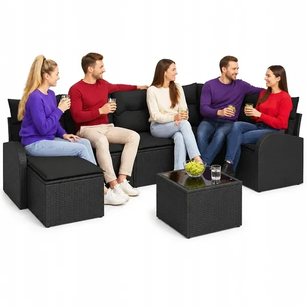 Zestaw narożny do siedzenia na zewnątrz, czarny, 7 osób, rattan