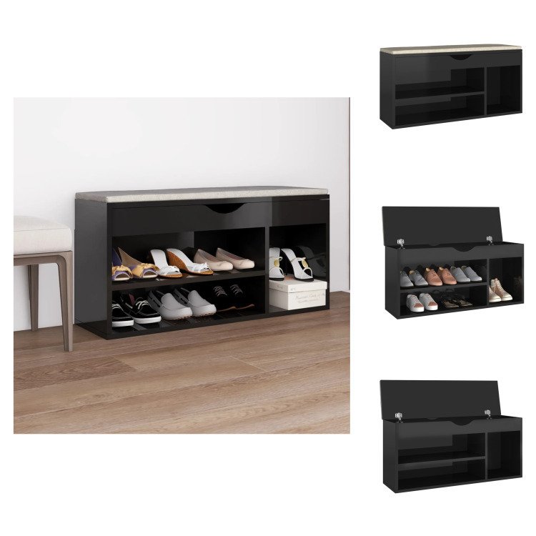 vidaXL Ławka na buty z poduszką czarna wysoki połysk 104x30x49cm - Stojaki i szafki na buty