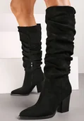 Kozaki damskie - Czarne Kozaki z Ekozamszu na Obcasie Typu Słupek z Marszczeniem przy Cholewce Railaria - Renee - miniaturka - grafika 1