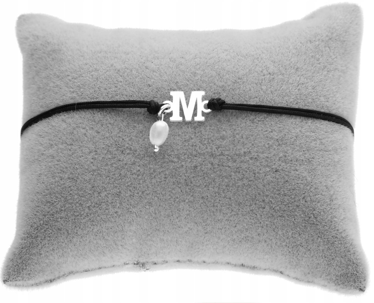 Srebrna Bransoletka sznurkowa dowolna literka litera perła SREBRO 925