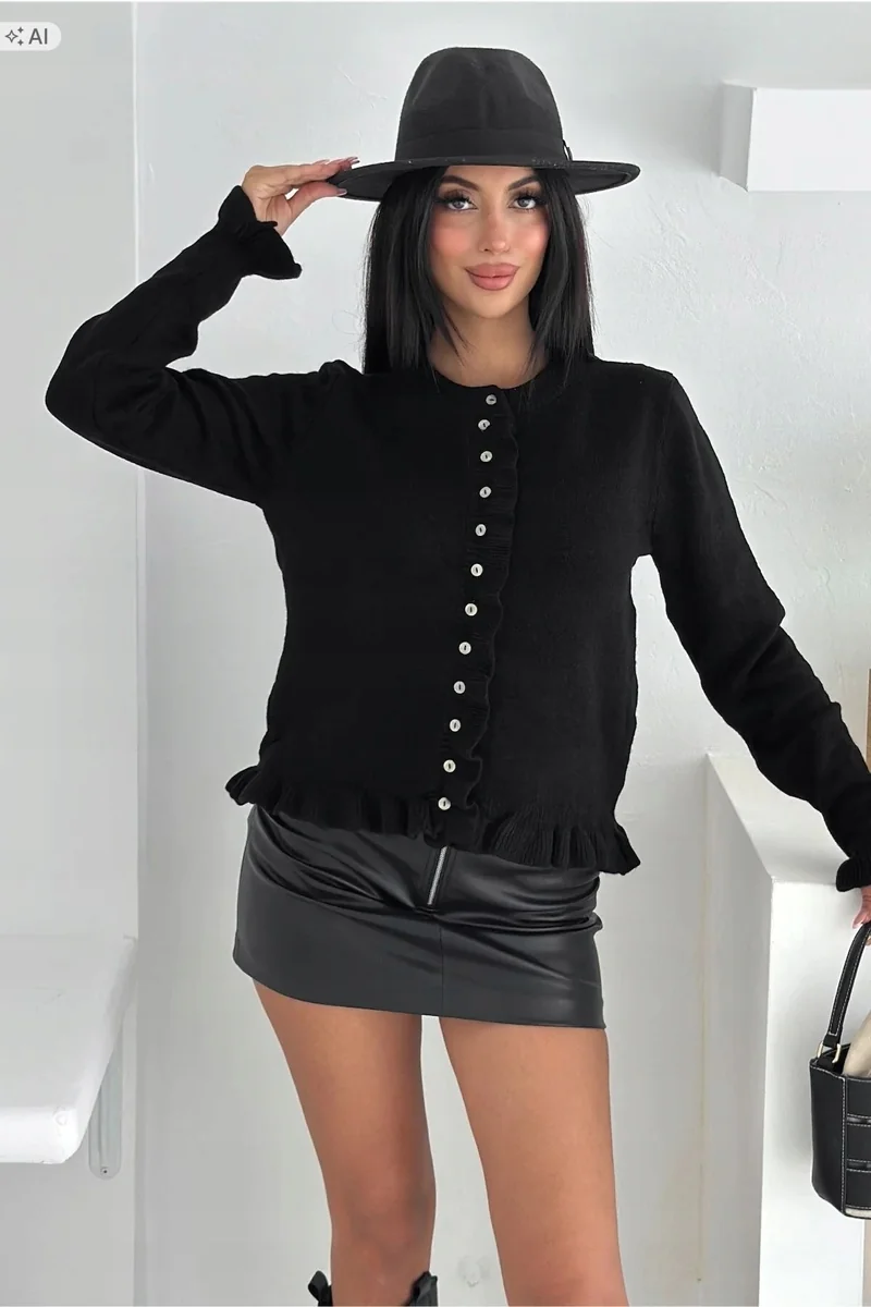 CZARNY MIĘKKI SWETER Z FALBANKAMI ELEGANCKI 5IA
