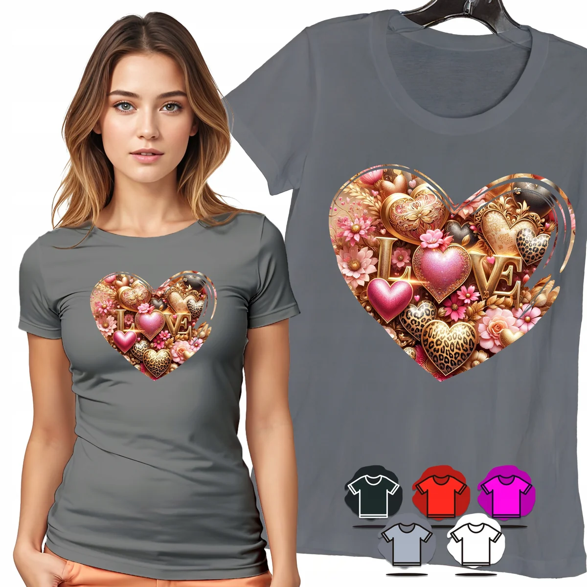 KOSZULKA DAMSKA T-SHIRT - SERCE LOVE ZŁOTE OZDOBY ELEGANCKI PREZENT - L