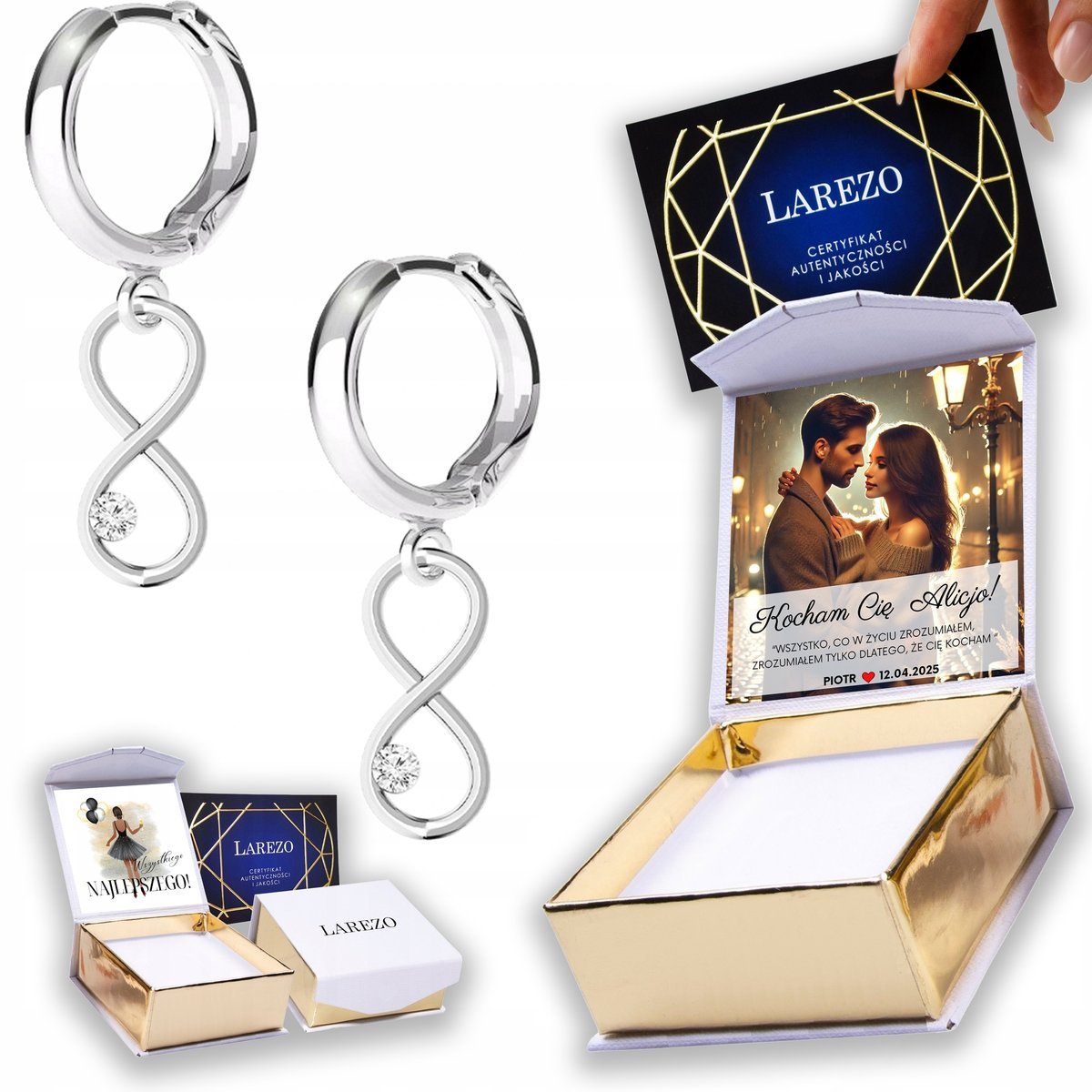 Kolczyki Srebrne 925 Nieskończoność z Cyrkonią Ósemki Cyrkonie NADRUK