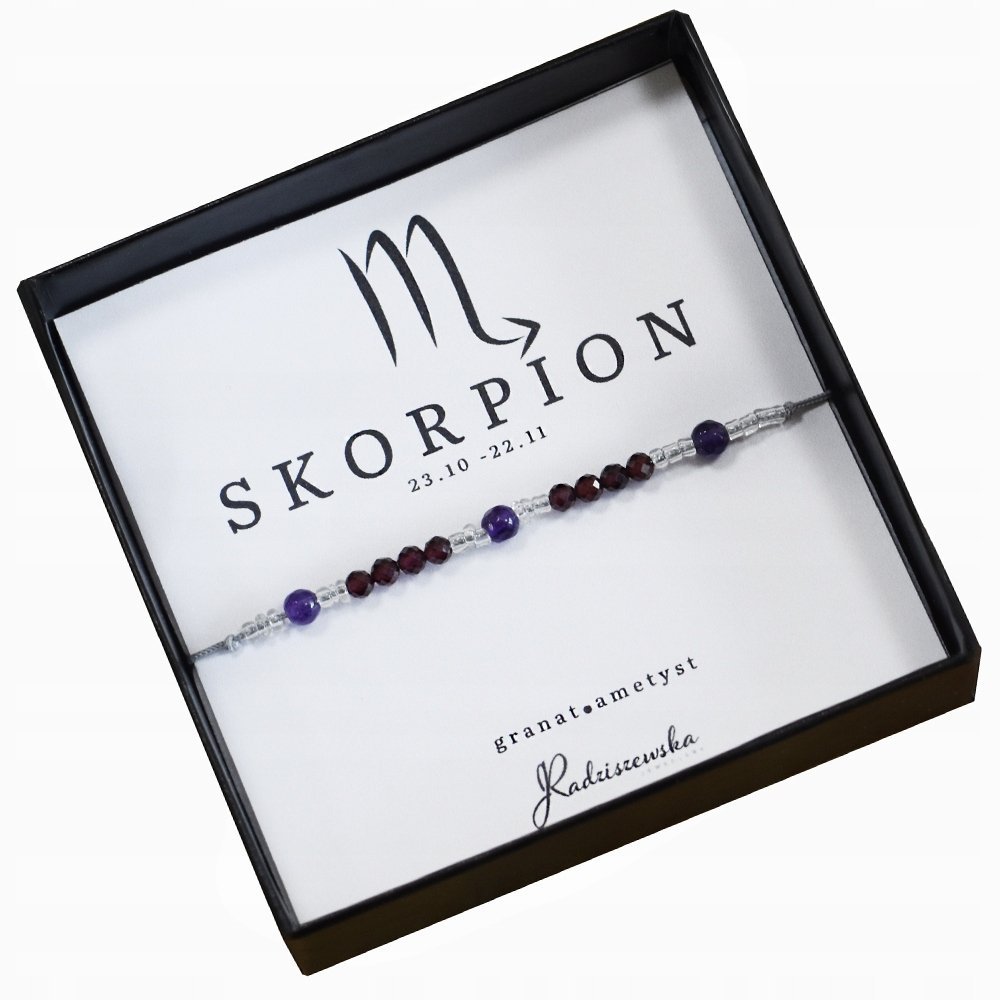 Bransoletka z Kamieni Naturalnych SKORPION Znak Zodiaku Ametryna Granat 925