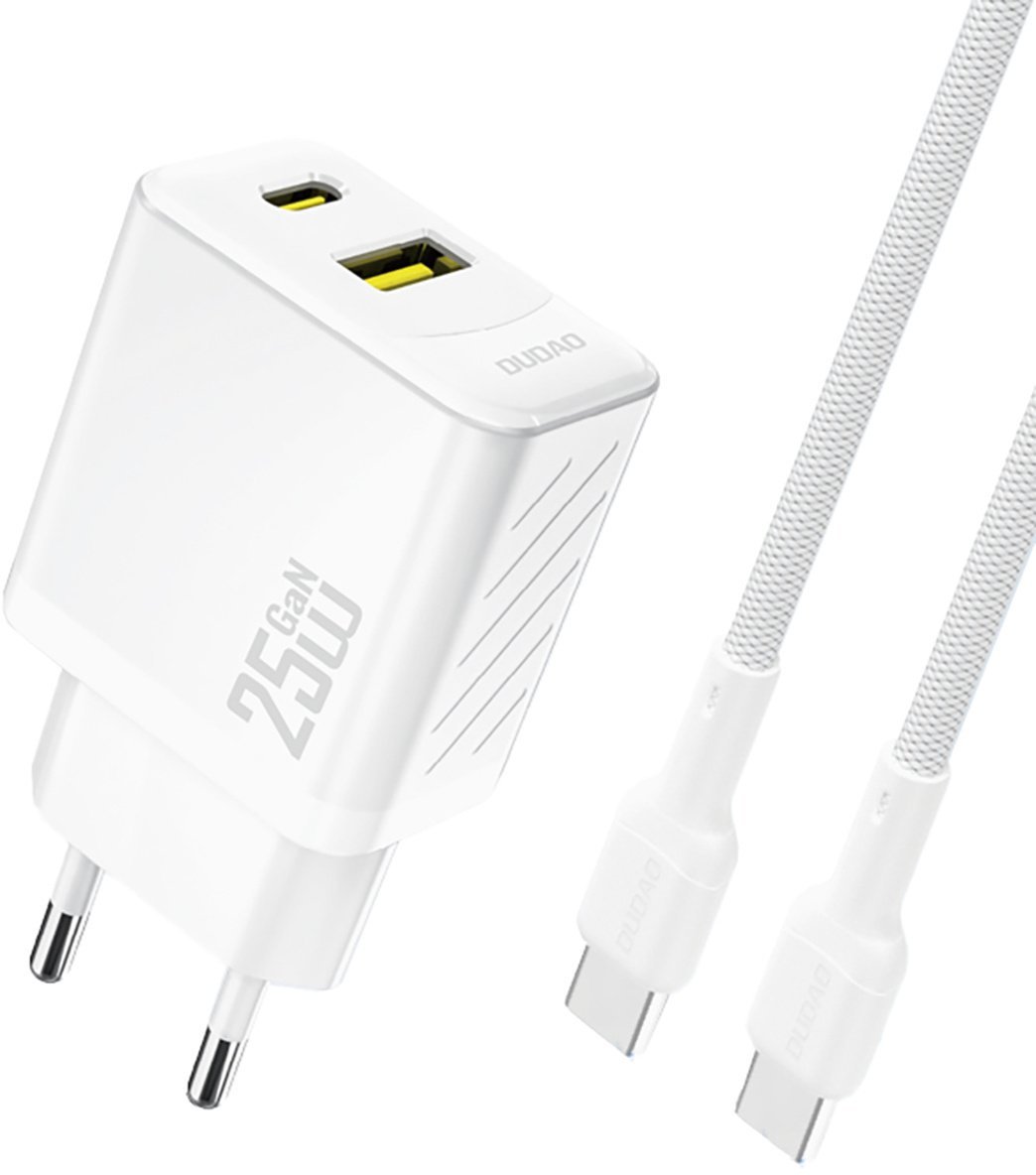 Ładowarka sieciowa USB-A USB-C z kablem USB-C GaN PD QC 25W - biała Ładowarka sieciowa USB-A USB-C z kablem USB-C GaN PD QC 25W - biała