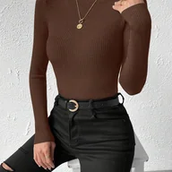 Swetry damskie - TEMU Sweter damski z okrągłym dekoltem - jednokolorowy, rozciągliwy, pralny w pralce, uniwersalna bluzka na każdą porę roku, trwały materiał - miniaturka - grafika 1