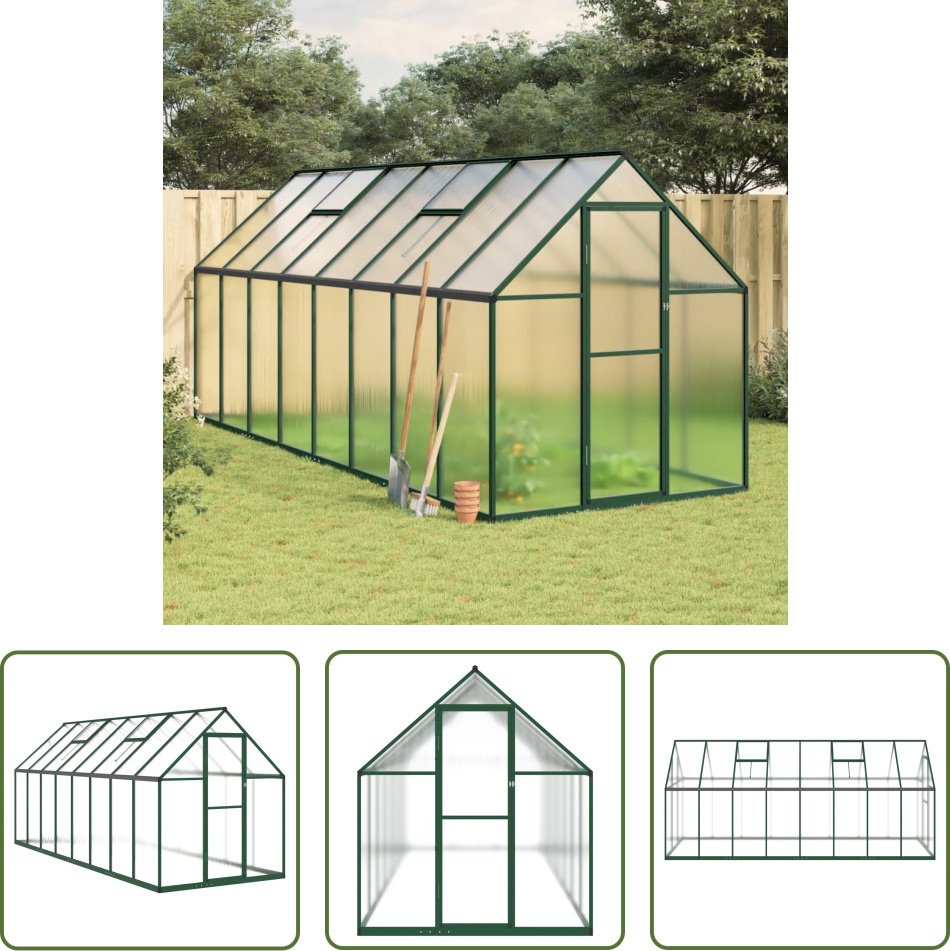 The Living Store Szklarnia z ramą fundamentową Zielona 445x169x195 cm Aluminimum