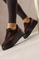 Półbuty damskie - Czekoladowe sneakersy skórzane damskie buty sportowe na platformie bordowe wstawki na cholewce sznurowane PRODUKT POLSKI Casu M8734H6 - miniaturka - grafika 1