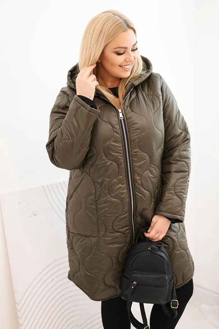 Kurtka damska Plus Size zimowa pikowana z kapturem khaki