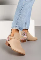 Botki damskie - Beżowe Botki Vices na Słupku Ozdobione Kwiatami Selianor - miniaturka - grafika 1